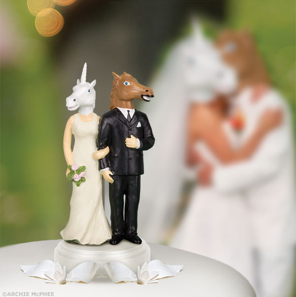 The "Unicorn and Horse Wedding Cake Topper" is a charming polystone piece that features a delightful unicorn bride and her horse groom, adding an enchanting touch to your special day.