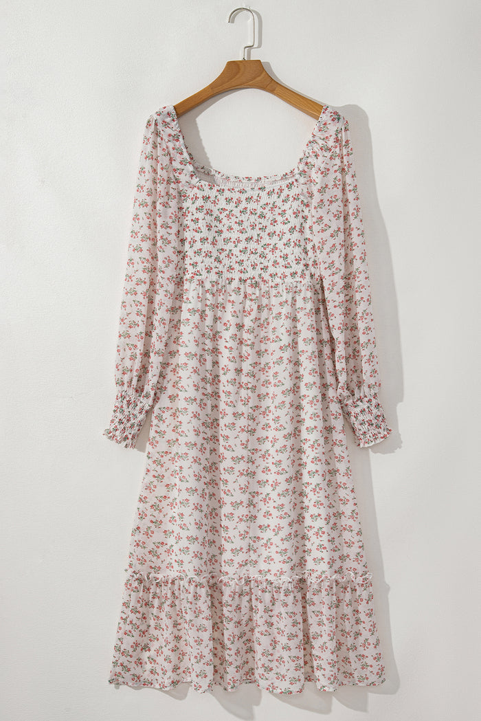 White Floral Print Shirred Ruffled Hem Square Neck Midi Dress 🇺🇸