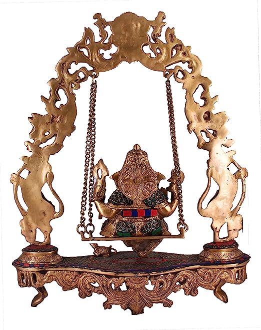 White Whale Brass Lord Ganesha Bhagwan Swing Ganesh Ganpati on Jhoola Jhula with Kirtimukha at Top for Home Décor