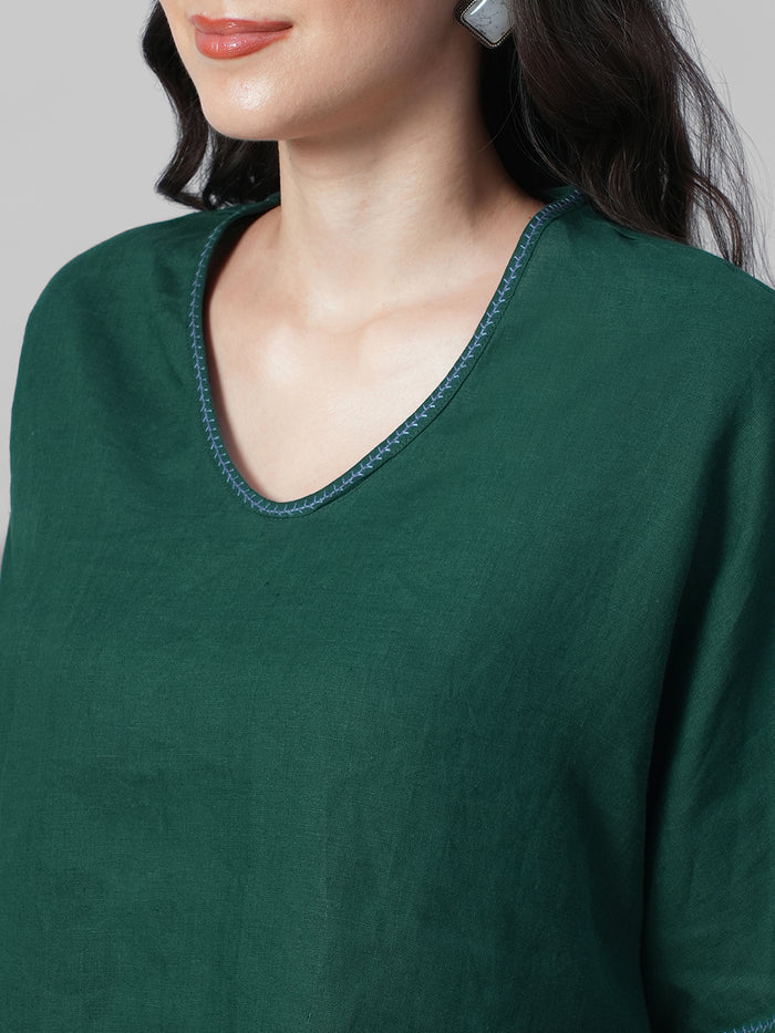 Women's Green 100% Linen Boxy Fit Blouse