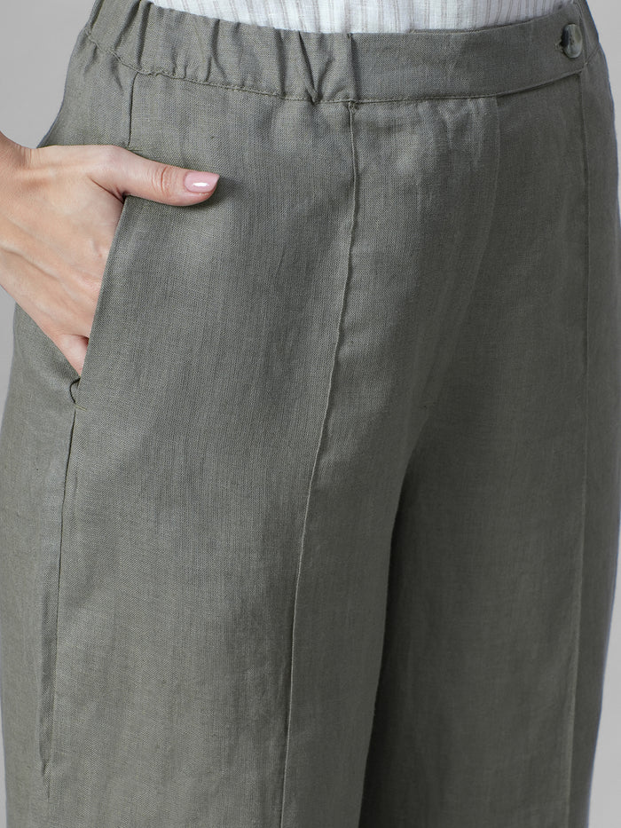 Women's Olive 100% Linen Regular Fit Pant