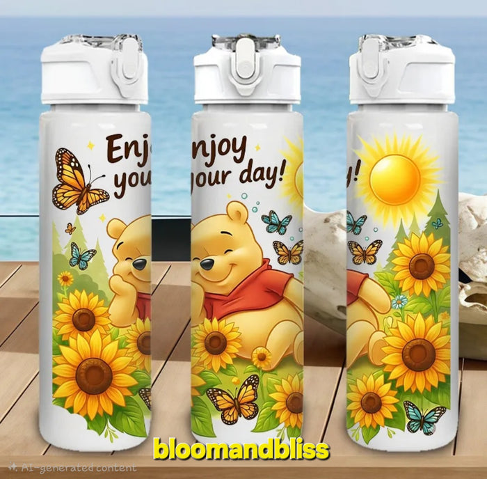 1 pc Winnie Sunflower Butterfly Design 750ml/26oz Plastic Sports Water Bottle 🇨🇳