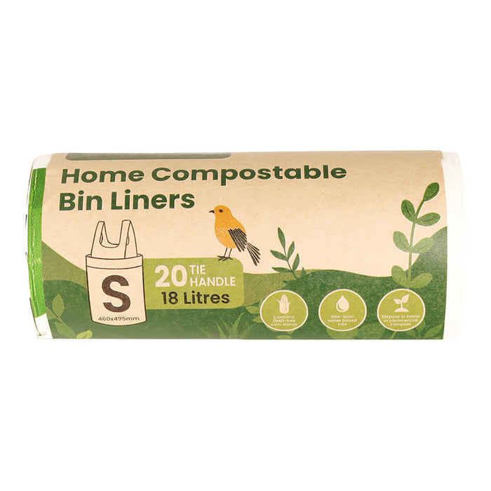 Roll of home compostable bin liners with a bird illustration on a white background