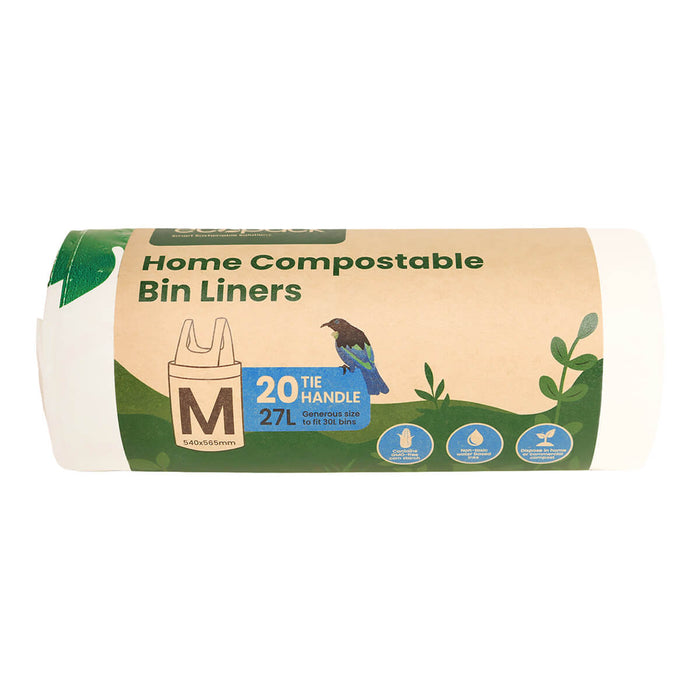Roll of home compostable bin liners with branding and product details on a white background