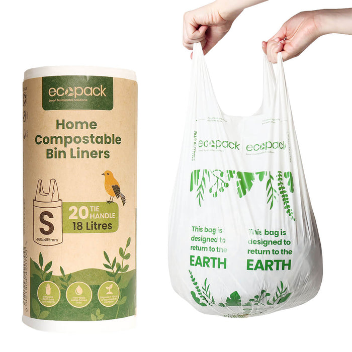 Ecopack home compostable bin liners with packaging and a person holding a liner.