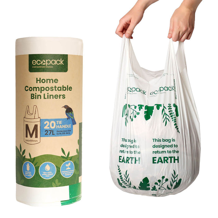 Eco-friendly home compostable bin liners with packaging and a white bag.