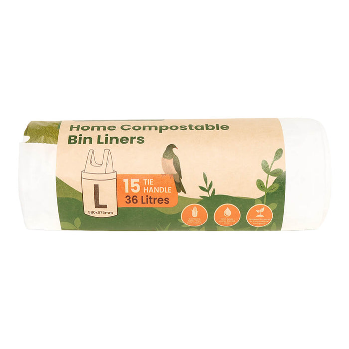 Roll of home compostable bin liners with packaging details on a white background