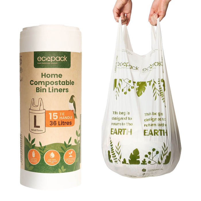 Eco-friendly home compostable bin liners with packaging on a white background