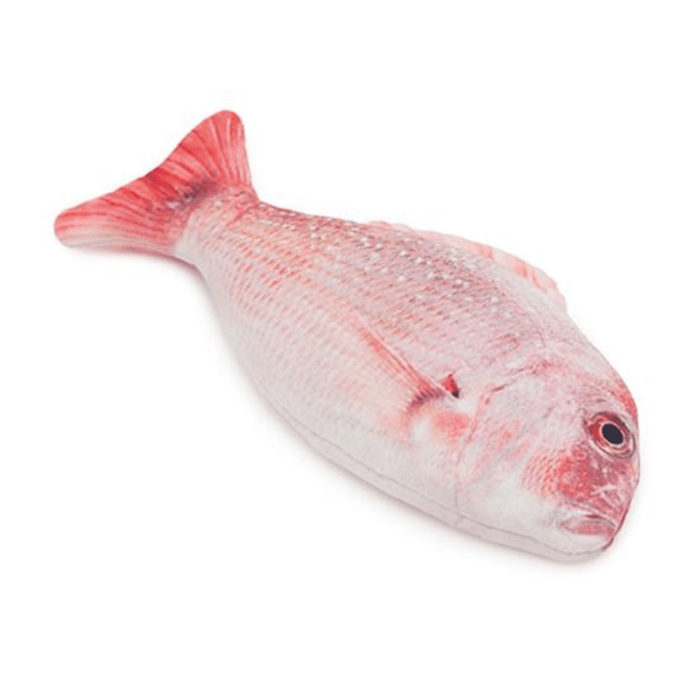 Realistic red snapper fish cat toy pictured without packaging. Pictured on a white background.