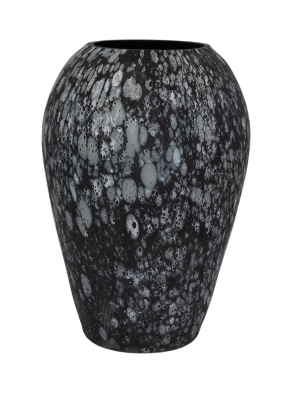 Black glass vase with abstract grey pattern on a white background.