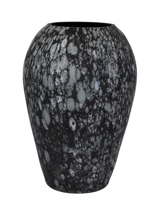 Black glass vase with abstract grey pattern on a white background.