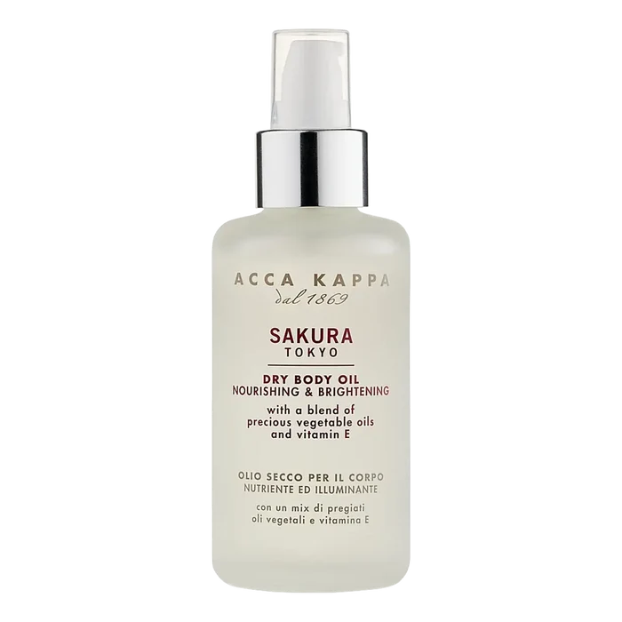 Acca Kappa Sakura Tokyo Dry Body Oil i hvit flaske med pump, kirsebærblomst-duft og vitamin E