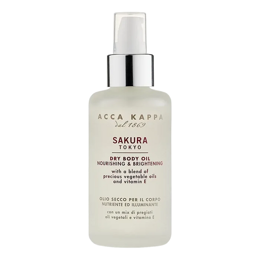 Acca Kappa Sakura Tokyo Dry Body Oil i hvit flaske med pump, kirsebærblomst-duft og vitamin E