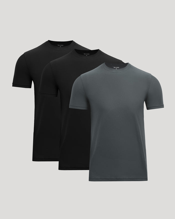 Three men's basic crew neck t-shirts in black and dark gray arranged side by side, highlighting the "Active Crew 3-Pack" style.
