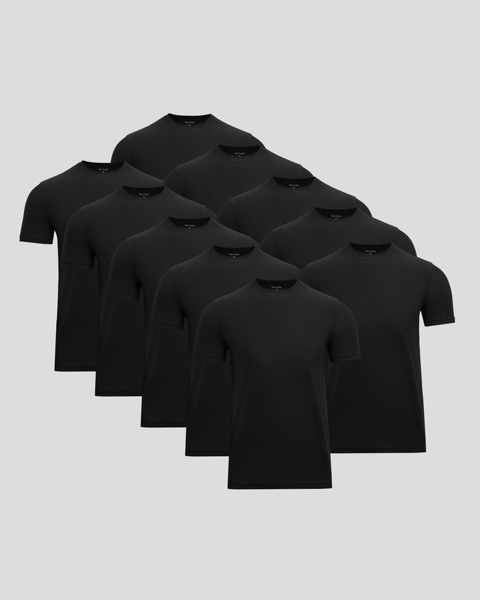 A pack of ten black short-sleeve crewneck t-shirts arranged in a staggered fan layout on a solid light gray background.