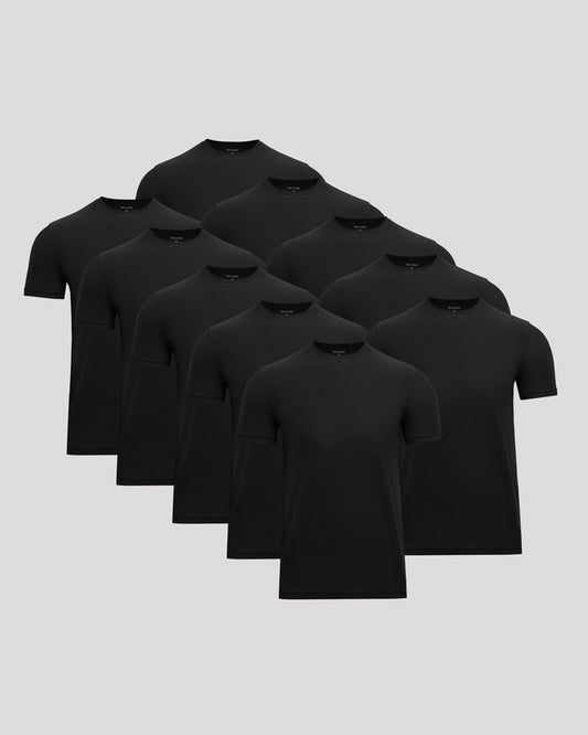 A pack of ten black short-sleeve crewneck t-shirts arranged in a staggered fan layout on a solid light gray background.
