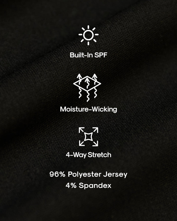 Black Active Crew Neck Tee with SPF, moisture-wicking, and 4-way stretch features.