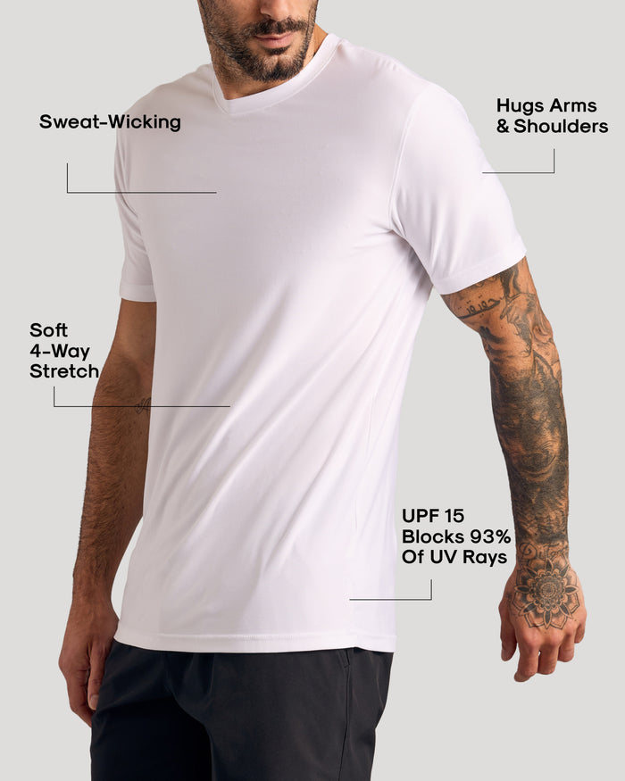 Man wearing White Active Crew Neck Tee, highlighting sweat-wicking, stretch, fitted cut, and UV protection.