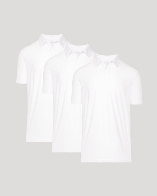 Two white polo shirts on a light gray background