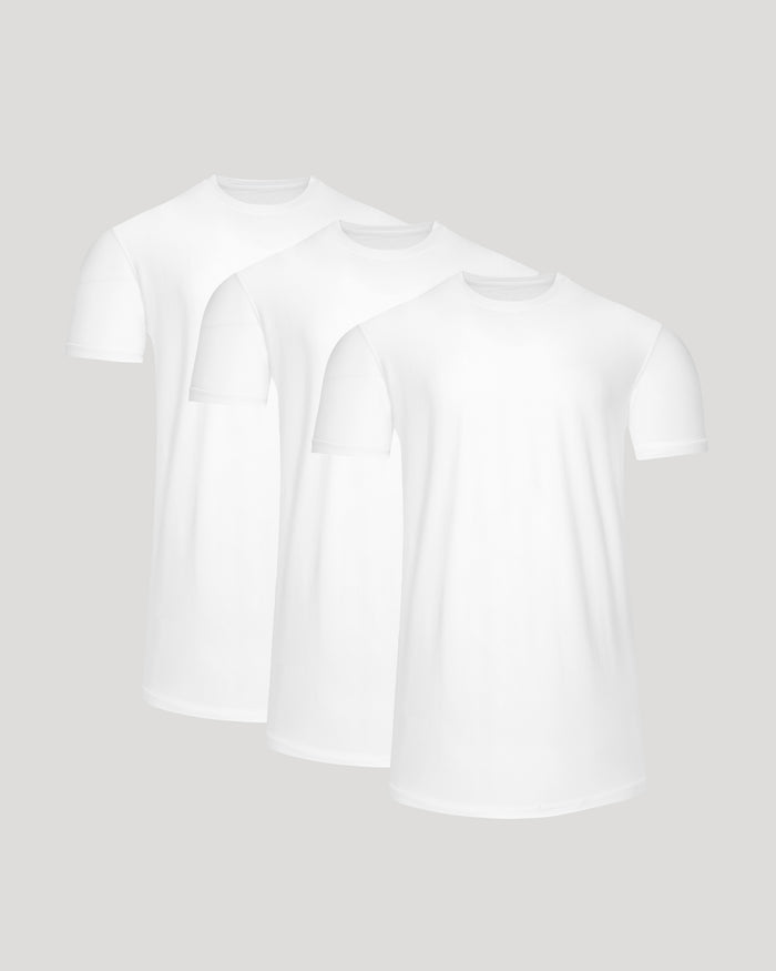Two white t-shirts on a light gray background