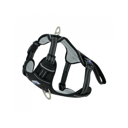 A Ancol Viva black and grey mesh dog harness with silver metal rings and white contrast stitching, shown against a plain white background.