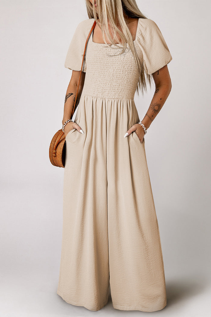 Apricot Short Bubble Sleeve Smocked Wide Leg Jumpsuit 🇺🇸