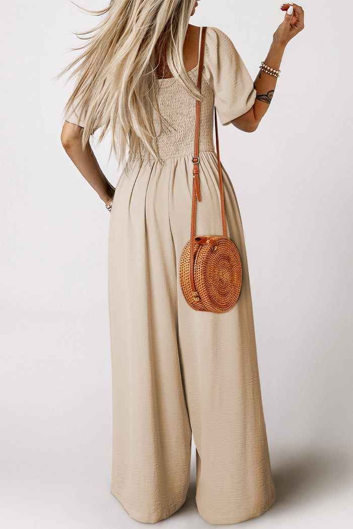 Apricot Short Bubble Sleeve Smocked Wide Leg Jumpsuit 🇺🇸