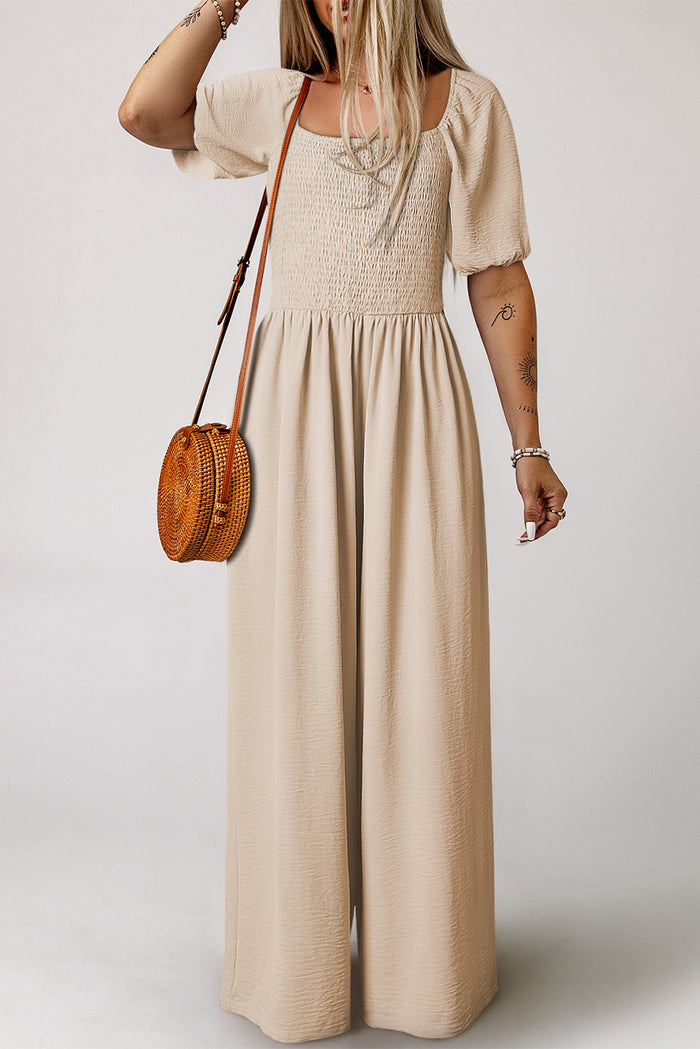 Apricot Short Bubble Sleeve Smocked Wide Leg Jumpsuit 🇺🇸