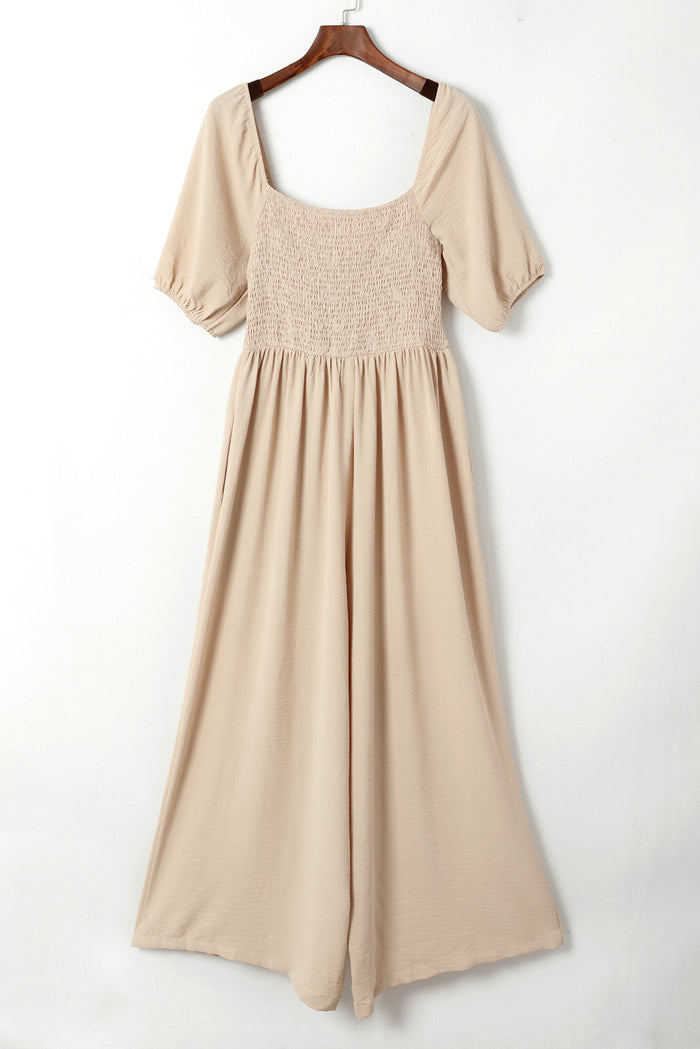 Apricot Short Bubble Sleeve Smocked Wide Leg Jumpsuit 🇺🇸