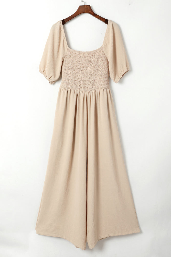 Apricot Short Bubble Sleeve Smocked Wide Leg Jumpsuit 🇺🇸
