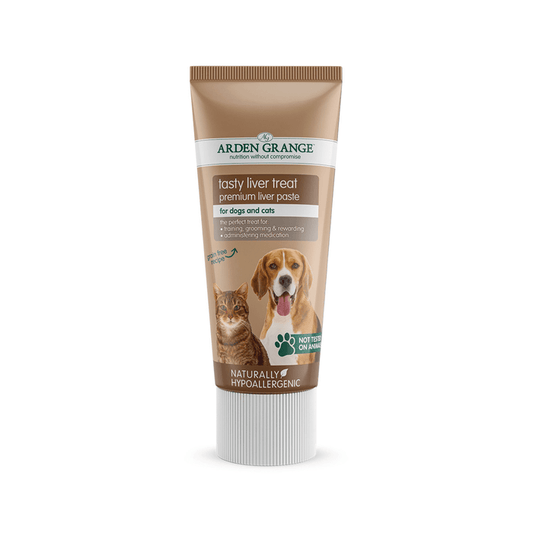 A tube of Arden Grange Tasty Liver Treat premium Liver paste for dogs and cats, featuring a beige and white design with illustrations of a dog and a cat, set against a plain white background.