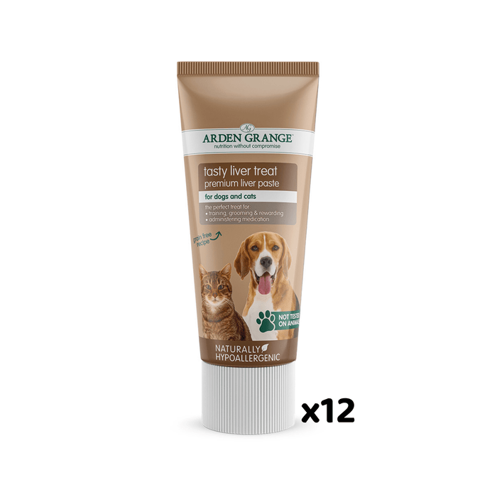 A tube of Arden Grange Tasty Liver Treat premium Liver paste for dogs and cats, featuring a beige and white design with illustrations of a dog and a cat, set against a plain white background.