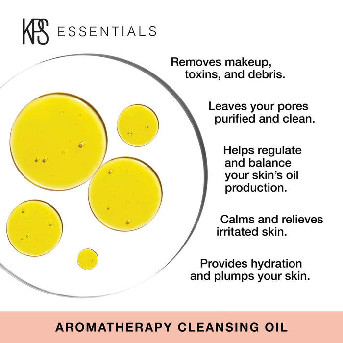 Close-up of yellow cleansing oil droplets on a white background with text highlighting benefits including makeup removal, pore purification, oil regulation, skin calming, and hydration from Aromatherapy Cleansing Oil | Kindness Powered Skincare.