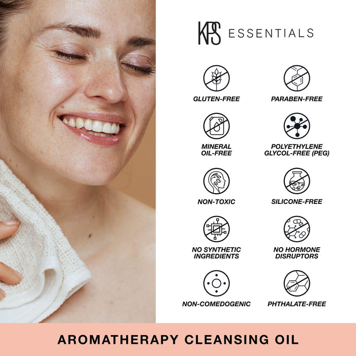 Smiling woman gently cleansing her face with a towel next to icons highlighting that Aromatherapy Cleansing Oil | Kindness Powered Skincare is gluten-free, paraben-free, mineral oil-free, polyethylene glycol-free, non-toxic, silicone-free, with no synthetic ingredients, no hormone disruptors, non-comedogenic, and phthalate-free.