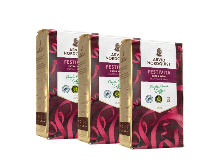 Arvid Nordquist Classic Festivita Ground Coffee 3 × 500g (3 × 17.64 oz) – Premium Swedish Extra Dark Roast 100% Arabica Coffee
