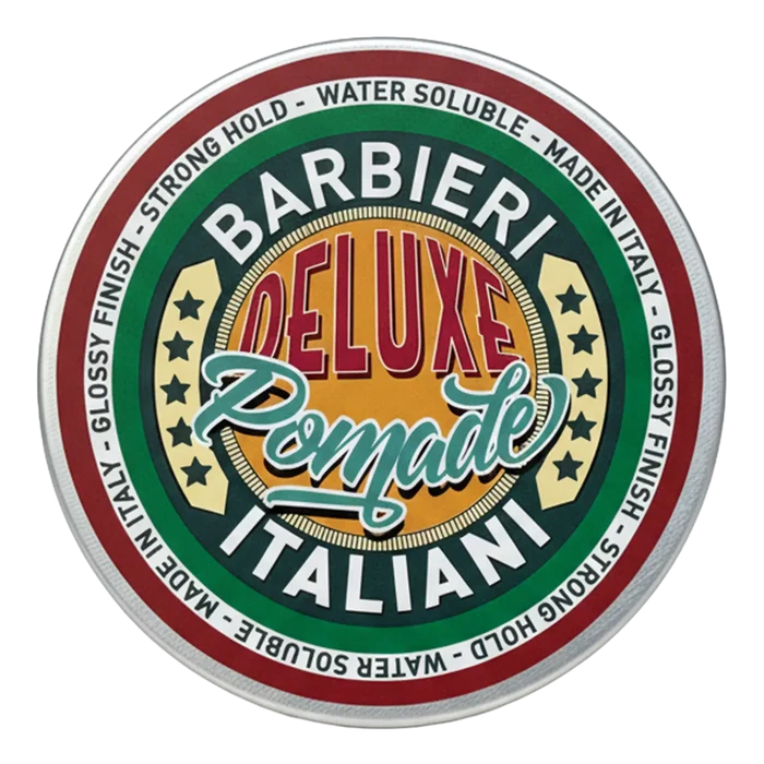 Retro etikett på deksel til Barbieri Italiani DeLuxe Pomade med vannbasert formel