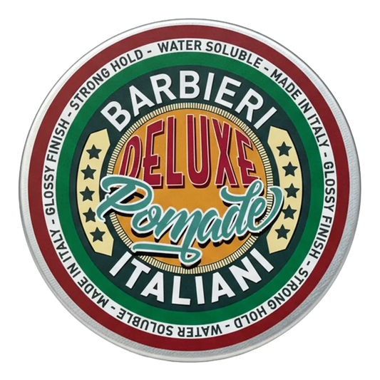 Retro etikett på deksel til Barbieri Italiani DeLuxe Pomade med vannbasert formel