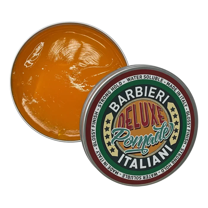 Barbieri Italiani DeLuxe Pomade i oransje metallboks med sterk hold og høyglanset finish