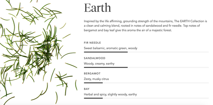 Earth collection description featuring natural ingredients like fir needle, sandalwood, bergamot, and bay with aromatic and woody notes for Bath Truffle | Zents.
