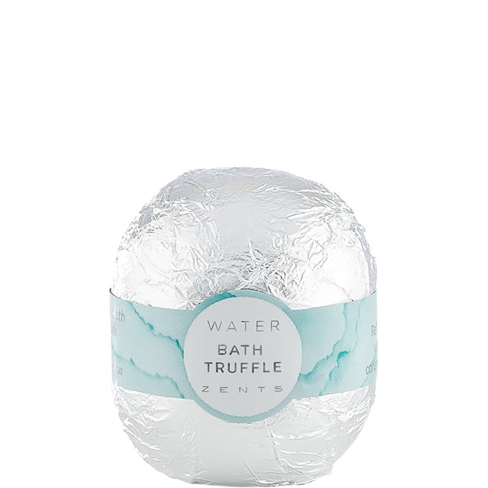 Bath Truffle | Zents wrapped in silver foil with a light blue label, designed for luxurious skincare and body care in a home spa setting.