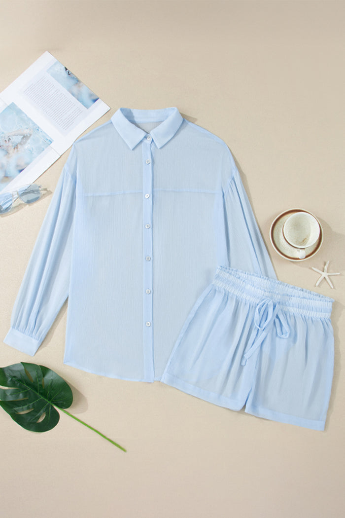 Beau Blue Sheer Tunic Shirt Drawstring Shorts 2pcs Swim Cover Up 🇺🇸