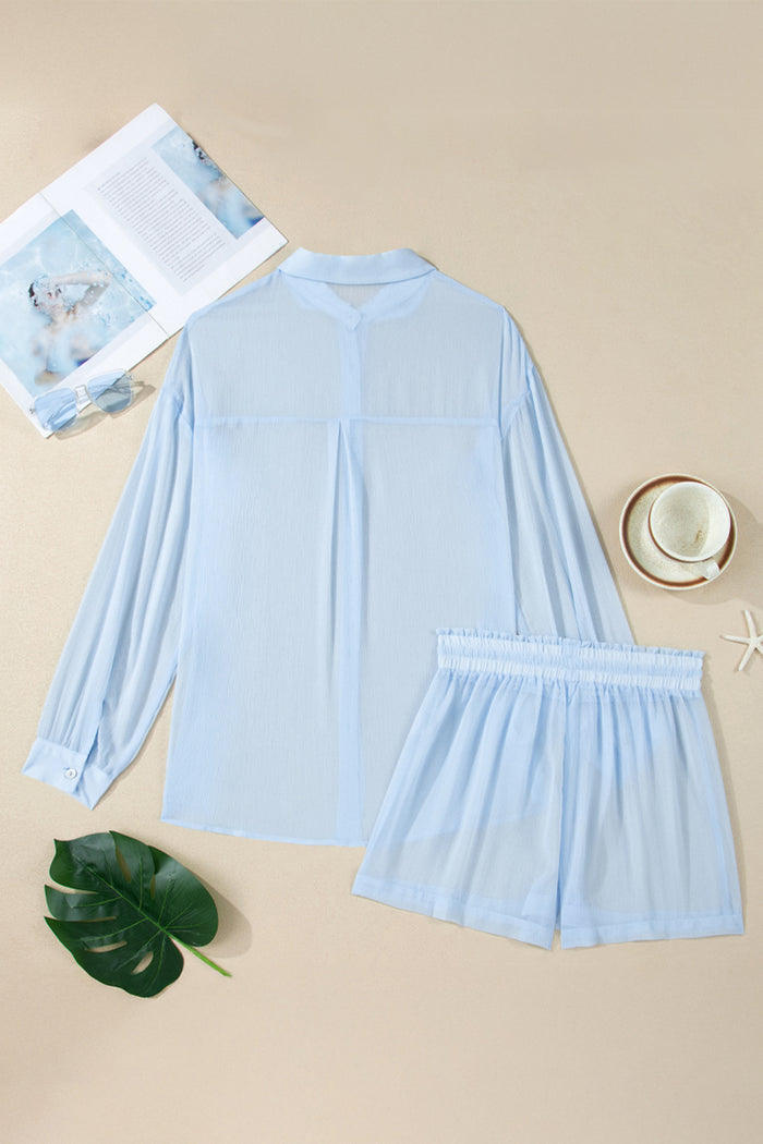 Beau Blue Sheer Tunic Shirt Drawstring Shorts 2pcs Swim Cover Up 🇺🇸