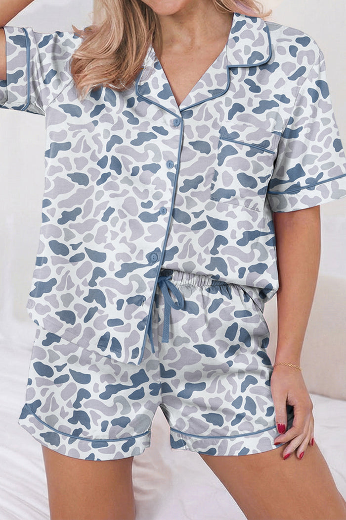 Beige Camouflage Print Lapel Shirt Drawstring 2pcs Short Pajama Set 🇺🇸