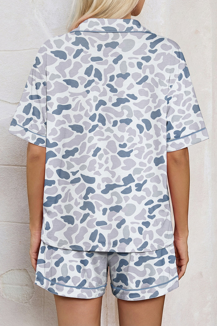 Beige Camouflage Print Lapel Shirt Drawstring 2pcs Short Pajama Set 🇺🇸