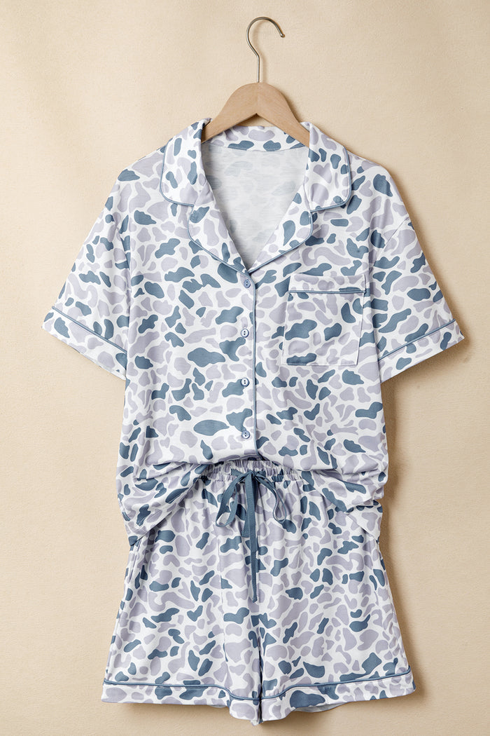 Beige Camouflage Print Lapel Shirt Drawstring 2pcs Short Pajama Set 🇺🇸