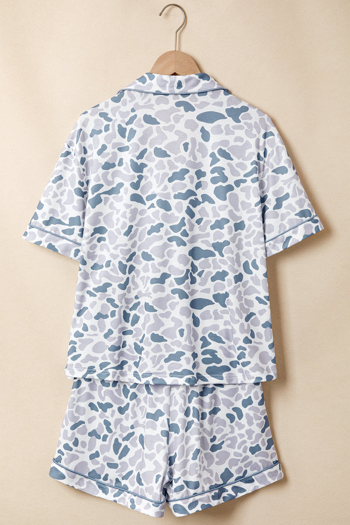 Beige Camouflage Print Lapel Shirt Drawstring 2pcs Short Pajama Set 🇺🇸