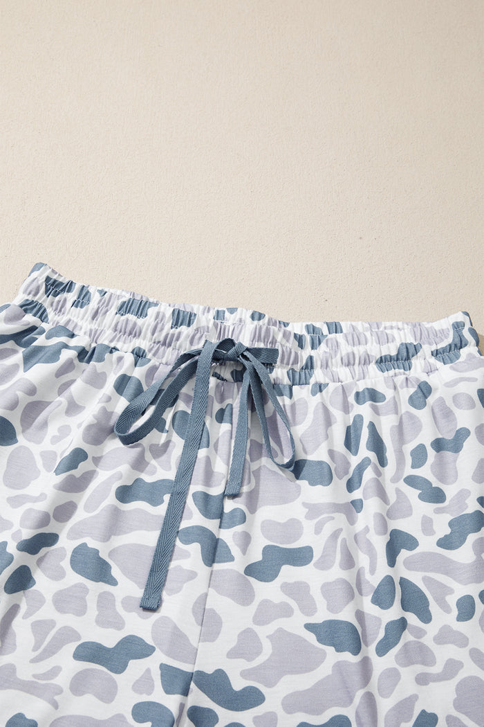 Beige Camouflage Print Lapel Shirt Drawstring 2pcs Short Pajama Set 🇺🇸