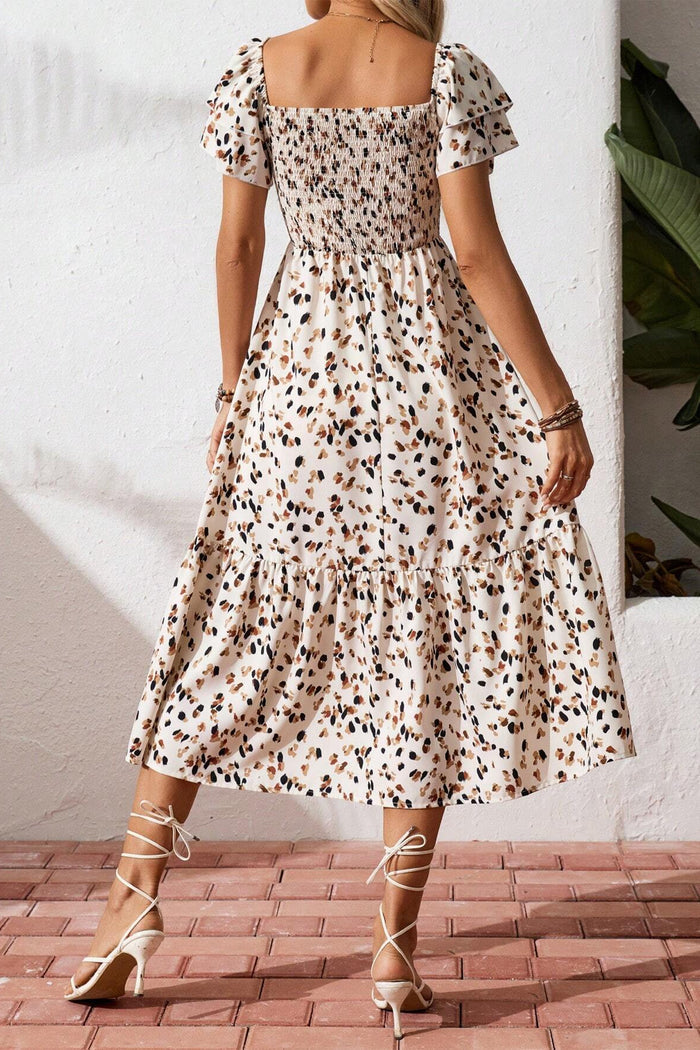 Beige Ditsy Floral Print Smocked Square Neck Ruffle Short Sleeve Dress 🇺🇸