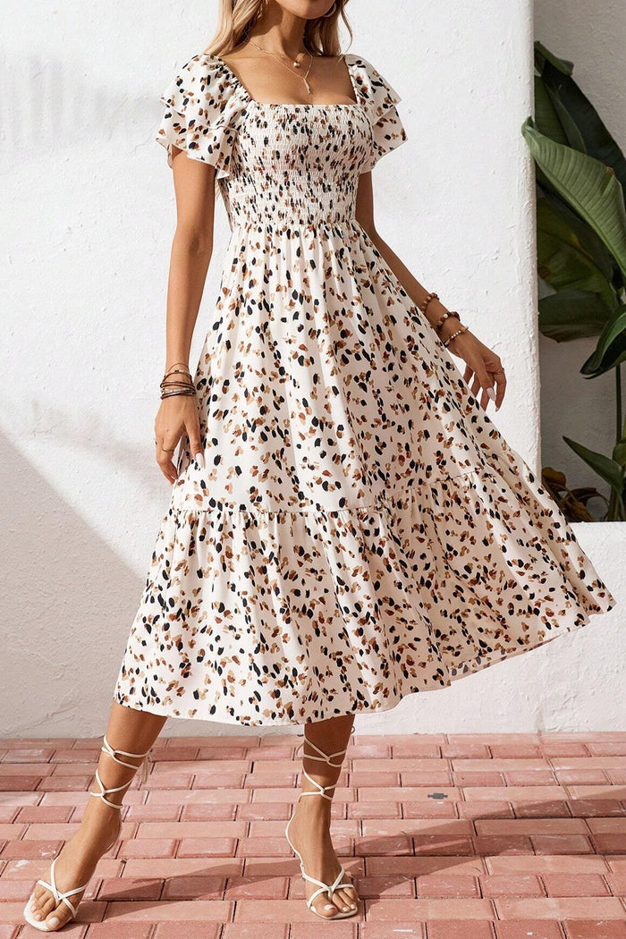 Beige Ditsy Floral Print Smocked Square Neck Ruffle Short Sleeve Dress 🇺🇸