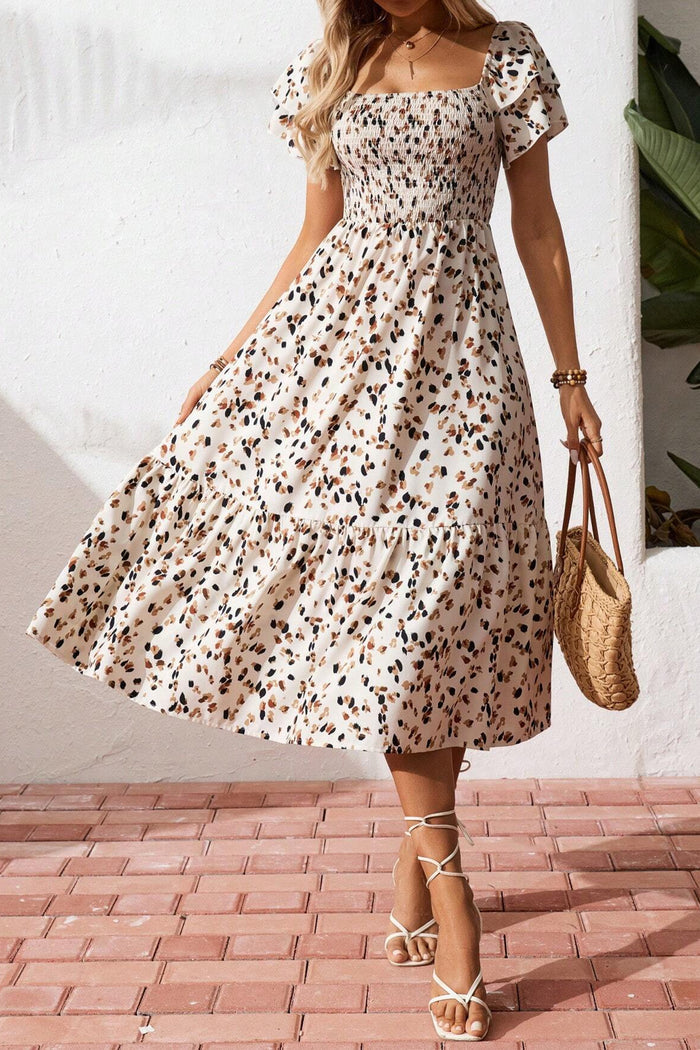 Beige Ditsy Floral Print Smocked Square Neck Ruffle Short Sleeve Dress 🇺🇸